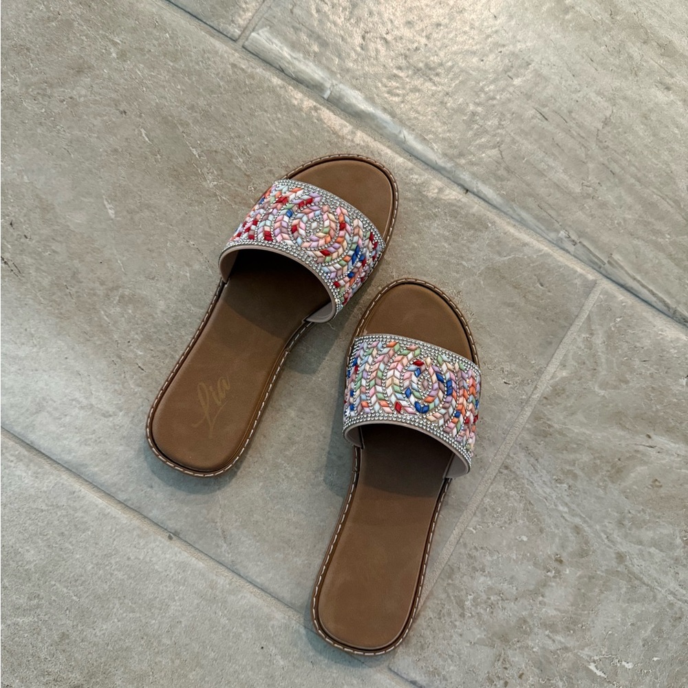Beaded Multicolor Slide Sandals - Women